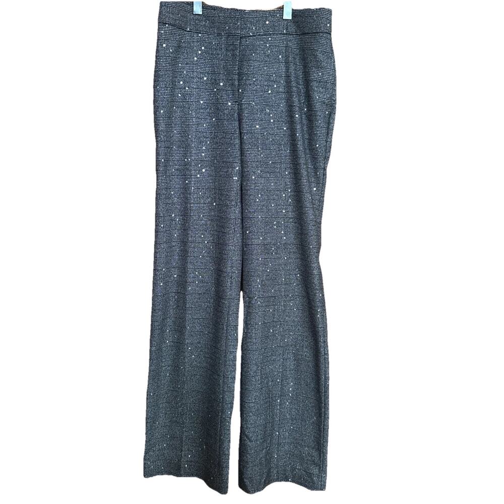 Chicos Womens Pant Gray Black Plaid Metallic 0T Sequin Dress Wide Leg Pants